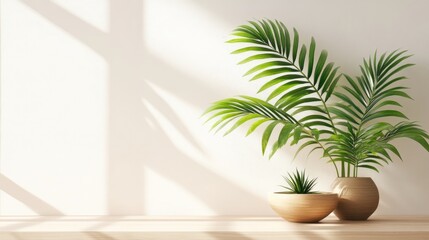 Aufkleber - Tropical plants in decorative pots on wooden table illuminated by sunlight with soft shadows on light wall background