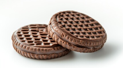Poster - Chocolate cream sandwich cookies stacked on a white background ideal for dessert advertising or bakery promotions