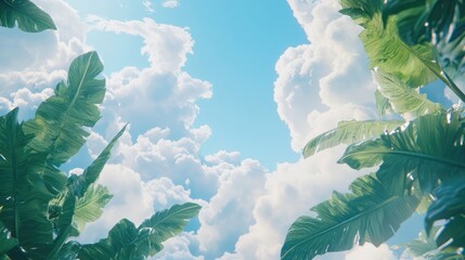 Poster - Lush tropical foliage framing a vibrant blue sky filled with fluffy white clouds for a serene and uplifting atmosphere