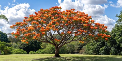 Spathodea campanulata, commonly known as the African tulip tree, showcases vibrant blooms. The African tulip tree exhibits astonishing flowers that enhance any landscape with their beauty.