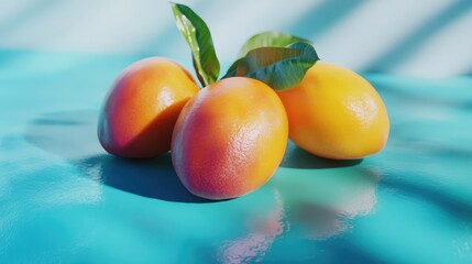 Aufkleber - Fresh ripe mangoes with green leaves arranged on a vibrant blue background showcasing tropical flavors and summer vibes