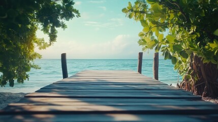 Poster - Tropical beach landscape featuring serene sea views and a wooden walkway surrounded by lush greenery and vibrant nature.