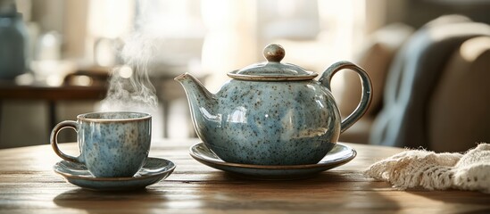 Poster - Serene tea time setup featuring a blue ceramic teapot and cup on a rustic wooden table with steam rising in a cozy living space