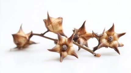 Poster - Dried seed pods of Tribulus terrestris on white background showcasing unique star-like structure and natural texture.