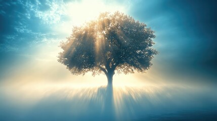 Poster - majestic tree emerging from fog with backlit sunbeams creating a serene and ethereal atmosphere in n