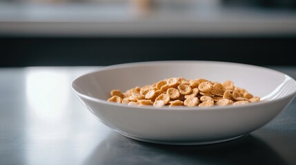 Poster - Trendy pancake cereal served in a bowl with fresh berries and milk on a minimalist kitchen countertop with ample copy space for text.