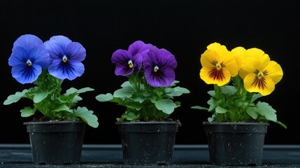 Poster - Tricolor pansy flowers in pots showcasing vibrant blue purple and yellow blooms against a dark natural background