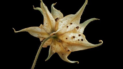 Poster - Unique close-up view of Tribulus terrestris flower showcasing intricate details and textures against a black background.