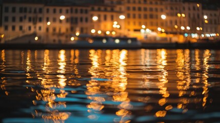Aufkleber - Trieste night scene with shimmering lights reflected in calm sea water creating a serene and vibrant atmosphere at the port