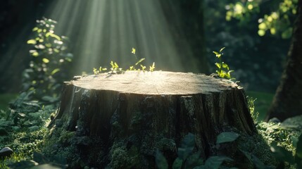 Poster - Tree trunk cross section illuminated by sunlight with green foliage and soft rays creating a serene forest atmosphere