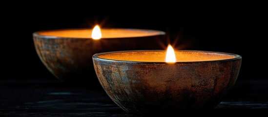 Poster - Two Flickering Candles in Decorative Bowls Illuminating a Dark Background with a Focus on the Front Wick