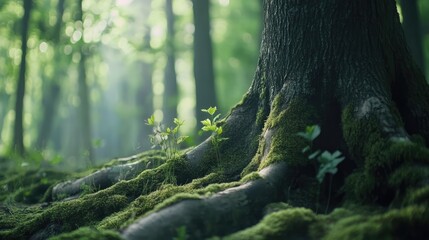 Poster - Moss covered tree trunks in a lush forest creating a serene and tranquil natural environment with soft sunlight filtering through.