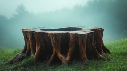 Poster - Misty field featuring an old tree trunk surrounded by lush grass and a serene foggy atmosphere.