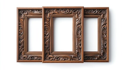 Aufkleber - Elegant triple wooden photo frame with intricate abstract ornamentation isolated against a clean white background for artistic displays.