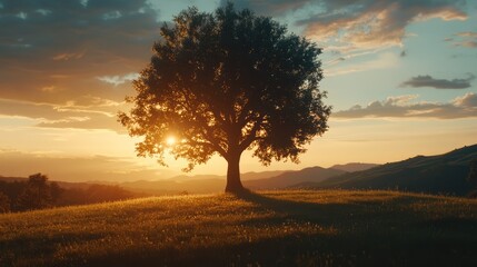 Poster - Solitary tree silhouette against a vibrant sunset sky illuminating rolling hills and serene landscape scenery in warm golden hues