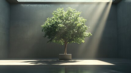 Poster - Illuminated indoor tree with dramatic backlighting creating a serene and tranquil atmosphere in a modern studio space