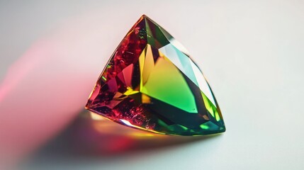 Poster - Triangle garnet gemstone in vibrant green and red hues on a white background showcasing high clarity and color change effect.