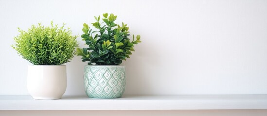 Poster - Minimalistic home interior featuring two decorative artificial green plants in stylish pots on a clean shelf against a soft backdrop