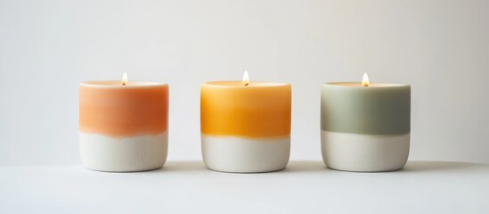 Poster - Tricolor candle set featuring warm tones on a clean white background creating a cozy and inviting atmosphere