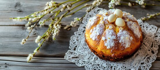 Wall Mural - Traditional Easter cake kulich adorned with willow branches on a wooden tabletop showcasing festive seasonal decorations and culinary artistry