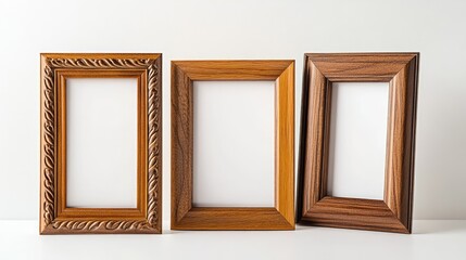 Poster - Triple wooden photo frame set with intricate designs showcasing abstract ornamentation on a clean white background.