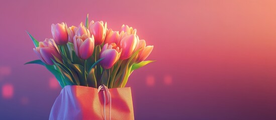 Poster - Tulips in a decorative bag with a vibrant gradient background creating a stunning floral display for marketing and design projects