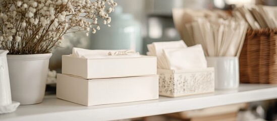 Aufkleber - Vintage display of two elegant white napkin boxes alongside decorative elements on a wooden shelf in a stylish interior setting.