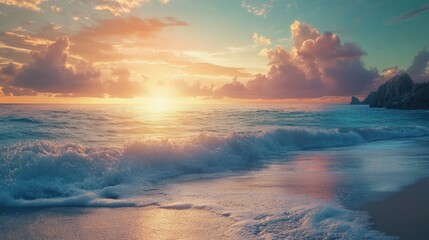 Poster - Tropical beach at sunset with vibrant clouds and gentle waves creating a serene nature scene for relaxation and tranquility.