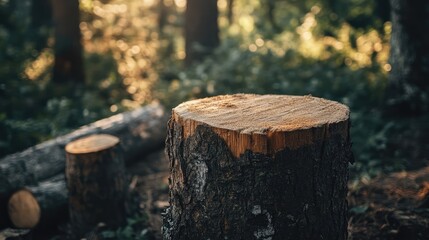Poster - Cut trees in a forest depicting logging practices and environmental concerns with a focus on deforestation and illegal logging issues