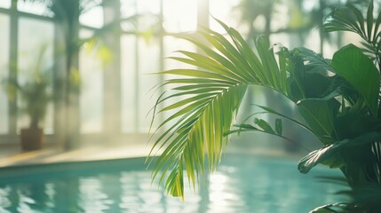Poster - Indoor tropical oasis with palm leaves creating a serene atmosphere near a pool in an eco-friendly wellness space for relaxation and rejuvenation.