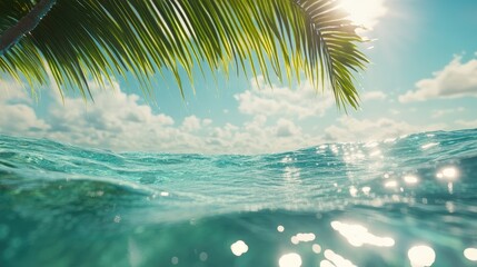 Leinwandbilder - Tropical seascape with turquoise waters and palm leaves under a bright sunny sky creating a serene vacation atmosphere