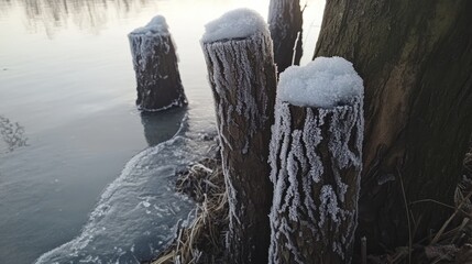 Aufkleber - Frozen tree trunks by the water's edge adorned with hoarfrost during winter creating a serene and picturesque winter landscape.
