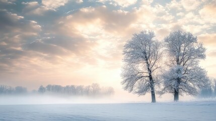 Poster - Winter landscape featuring snow-covered trees against a dramatic cloudy sky with soft sunlight illuminating the serene scene.