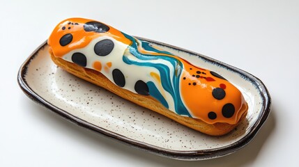 Poster - Colorful gourmet eclair pastry on a decorative plate showcasing artistic icing design and vibrant colors