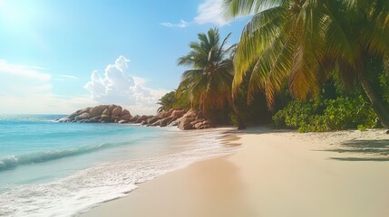 Leinwandbilder - Serene tropical beach scene featuring lush palm trees and soft white sand under a vibrant blue sky with gentle waves lapping at the shore
