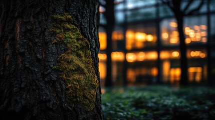 Poster - Mossy tree trunk in focus with illuminated blurred windows creating a serene urban nature contrast at dusk