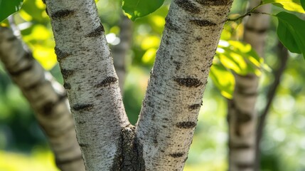 Poster - Tree trunks with textured bark glowing in sunlight surrounded by vibrant green foliage creating a serene natural scene