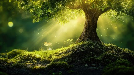 Aufkleber - Majestic tree trunk with radiant light beams creating a serene forest atmosphere and vibrant green foliage in soft focus background