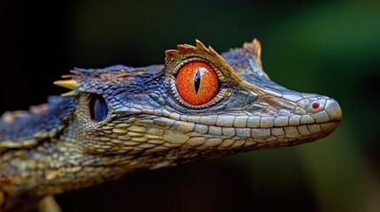 Poster - Red Eyed Crocodile Skink Tribolonotus Gracilis Close-Up on Dark Background Showcasing Unique Features and Vivid Colors of Lizard