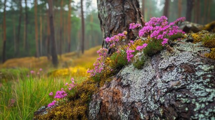 Poster - Lichen and moss covered tree trunk adorned with vibrant flowers in a serene forest setting showcasing natural flora and tranquility