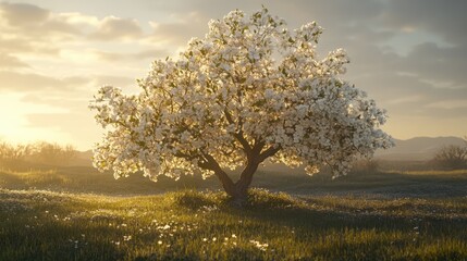 Aufkleber - Serene evening scene of a blooming white blossom tree illuminated by soft sunlight in a picturesque landscape setting