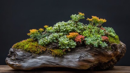 Aufkleber - Tridex procumbens succulent arrangement on driftwood showcasing vibrant colors and textures in a striking natural display