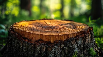 Poster - Close up of tree trunk showing detailed wood texture and growth rings in a serene forest setting with soft natural lighting