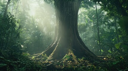 Aufkleber - majestic tree trunk in serene forest setting with sunlight filtering through lush green foliage