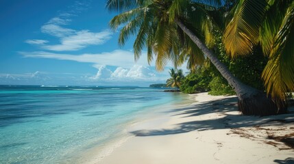 Poster - Tropical Beach with Palm Trees Under Blue Sky and Crystal Clear Water in a Serene Coastal Environment