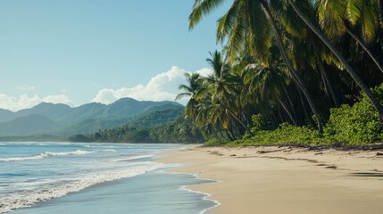 Leinwandbilder - Serene tropical beach featuring lush palm trees and pristine white sand under a clear blue sky with gentle ocean waves.