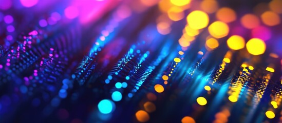 Leinwandbilder - Neon bokeh lights in vibrant blue yellow and purple creating a festive and colorful abstract background for stylish overlays and designs