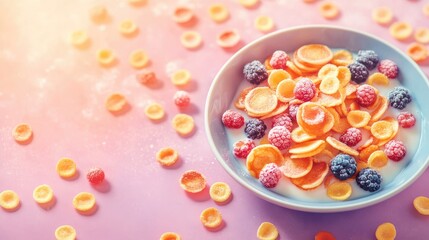 Aufkleber - Colorful mini pancakes cereal with fresh berries in a bowl on pastel background vibrant breakfast concept with copy space for design