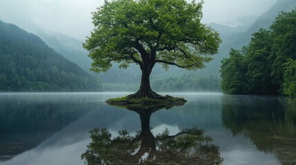 Poster - Solitary tree surrounded by tranquil lake waters reflecting the serene landscape and misty mountains in the background