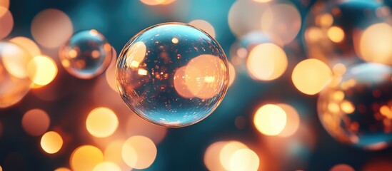 Aufkleber - Transparent bubbles illuminated by vibrant blurred festive lights creating a dreamy and enchanting holiday atmosphere.
